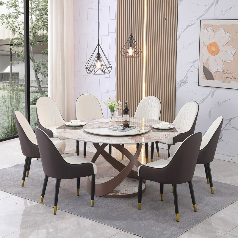 Table de salle à manger en pierre agglomérée de 59 po avec 8 chaises et une surface rotative de 31,5 po - Élégant, confortable et imperméable