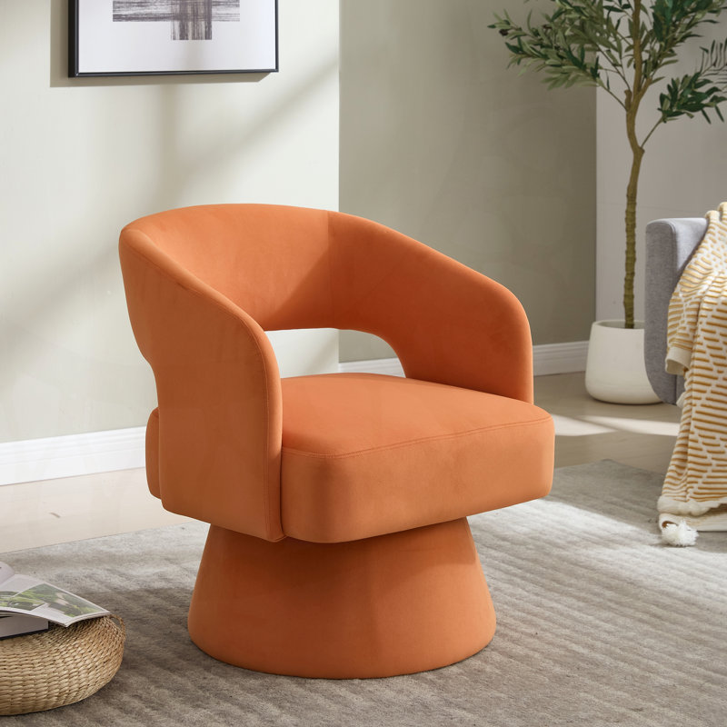 Rachedi 360° Swivel Velvet Barrel Accent Chair with Curved Backrest, Orange