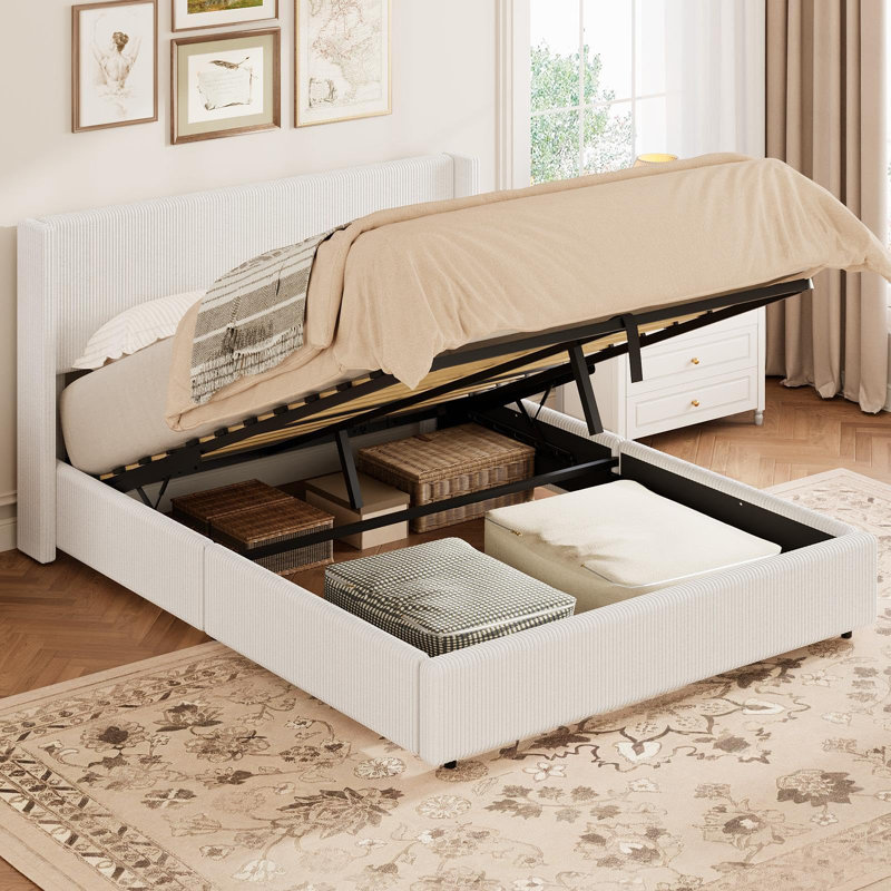 Queen Size Bed Frame with Lift Up Storage, Corduroy Upholstered Platform Bed with Wingback Headboard, Solid Wooden Slats, No Box Spring Needed, Hydraulic Support, White