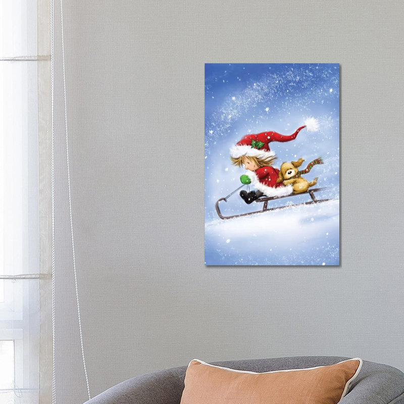 Little Girs On Sled by MAKIKO - Wrapped Canvas Print, 66.04 cm H x 45.72 cm W x 1.91 cm D
