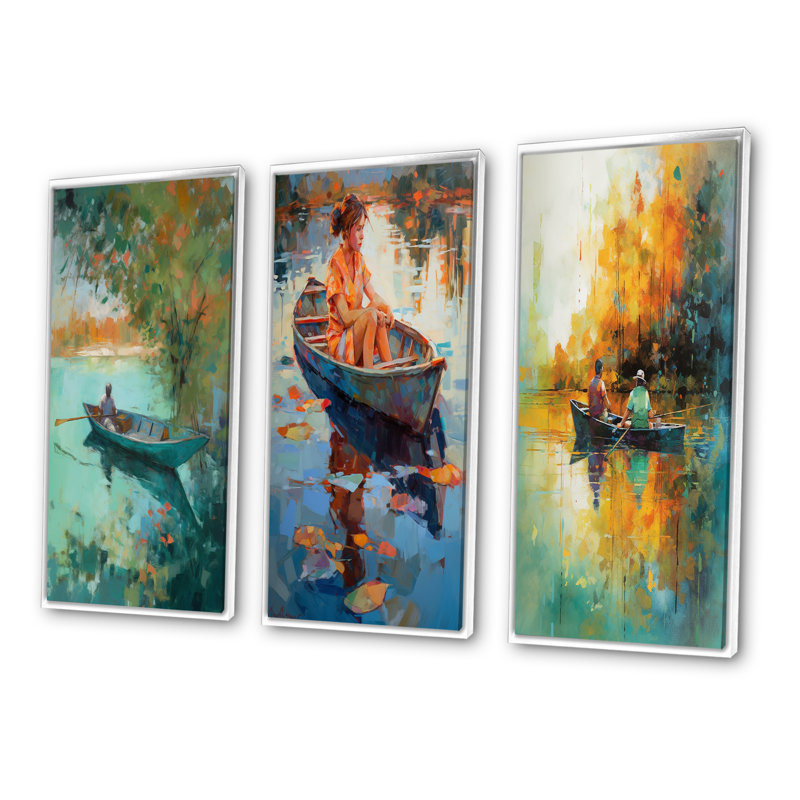 «Autumn Lake Full Moon Serenity Dinghy Rowing I», 3 pièces sur toile, Cadre flottant blanc, H 20 po x l 36 po