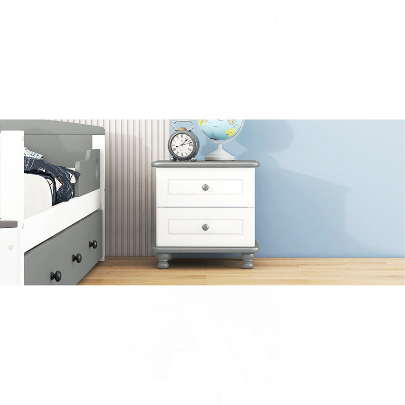 Table de chevet en bois avec deux tiroirs pour enfants, table de bout pour chambre à coucher, blanc et gris