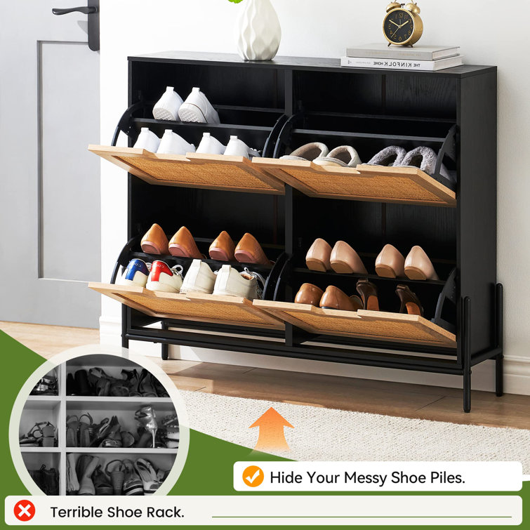 Rattan Shoe Cabinet with 4 Flip Drawers & 1 Mirror Storage Cabinet, Shoe Storage Cabinet Bayou Breeze