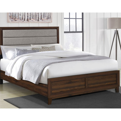 Très grand lit oriental, finition noyer, tête de lit tapissier taupe doux, bois d'ingénierie et niveleurs réglables pour un mobilier de chambre à coucher sécuritaire Lit moderne avec support central