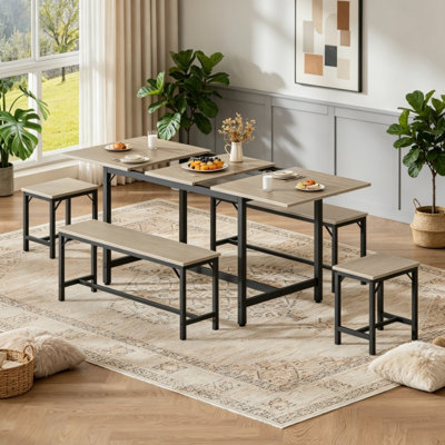 Structure de table de salle à manger rétractable peu encombrante Structure en métal d'aspect bois gris moderne équipée de bancs et de tabourets pour 4 à 8 utilisateurs Structure polyvalente à assemblage rapide Assemblage rapide