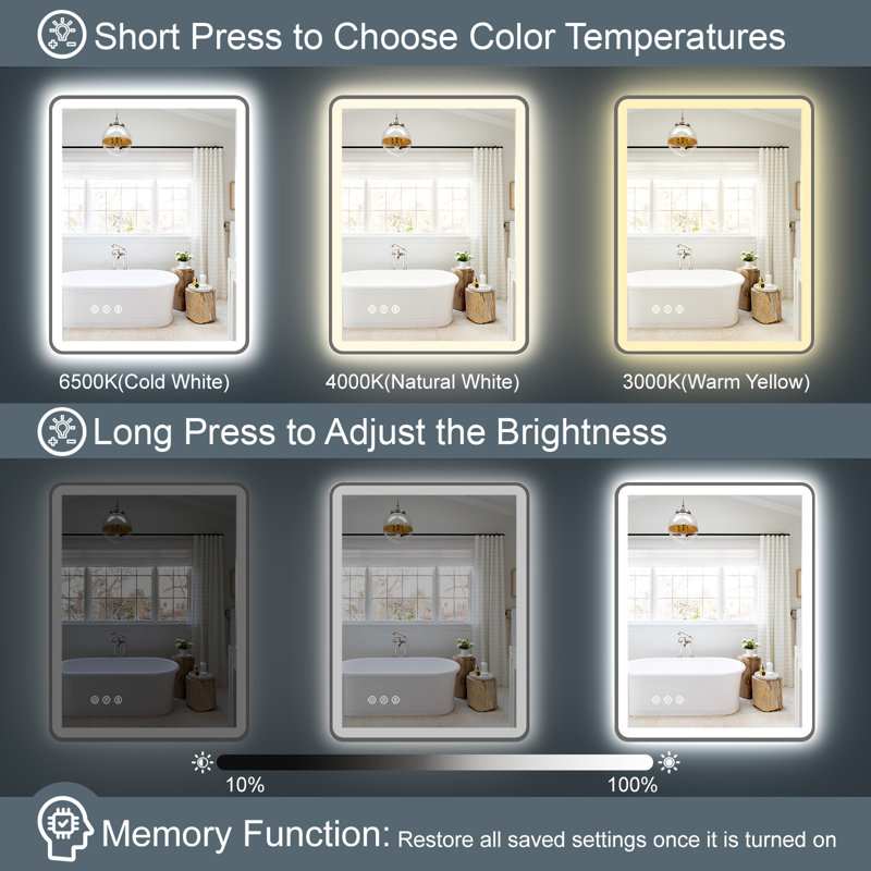 Frameless Round LED Bathroom Mirror, Front and Back Light, Anti-fog, Tempered Glass, 3 Colors, Dimmer, Plug-in / Hardwired, Horizontal / Vertical