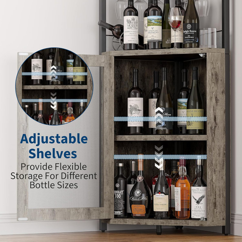 Armoire à vin de coin avec support à vin et porte-verres à 5 niveaux, gris, 60.6 18.5 5.1, Gris