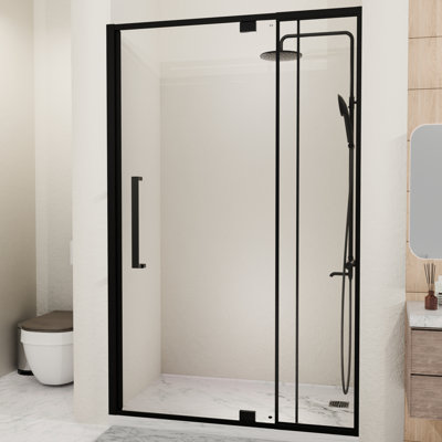 Porte de douche semi - pivotante en verre 44 48 po L, 72 H, 1/4 po, 6 mm trempé, noir mat, imperméable et réversible pour les espaces de salle de bain réglables
