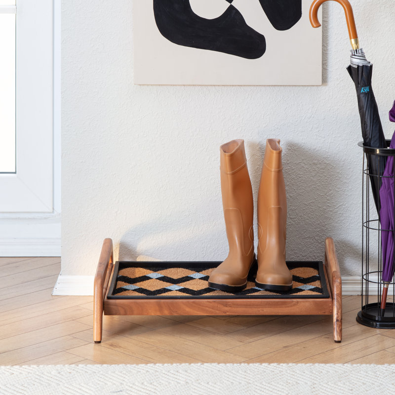 Support à bottes en bois massif de qualité supérieure avec tapis en fibre de coco naturelle - Rangement pour chaussures