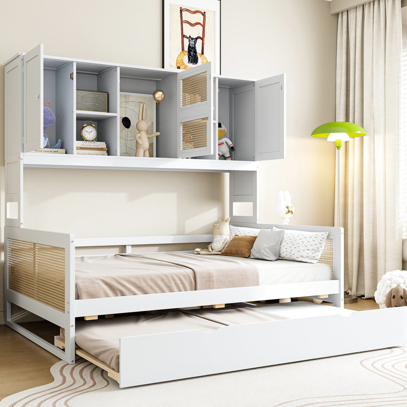 Modern Daybed With Twin Trundle And Cabinet Shelf, White Charming Practical Space Saving, White