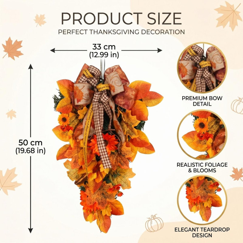 Décoration de porte d'automne en forme de larme avec un arc à carreaux Buffalo, des feuilles de tournesol et d'érable, décoration de porte de l'Action de grâce