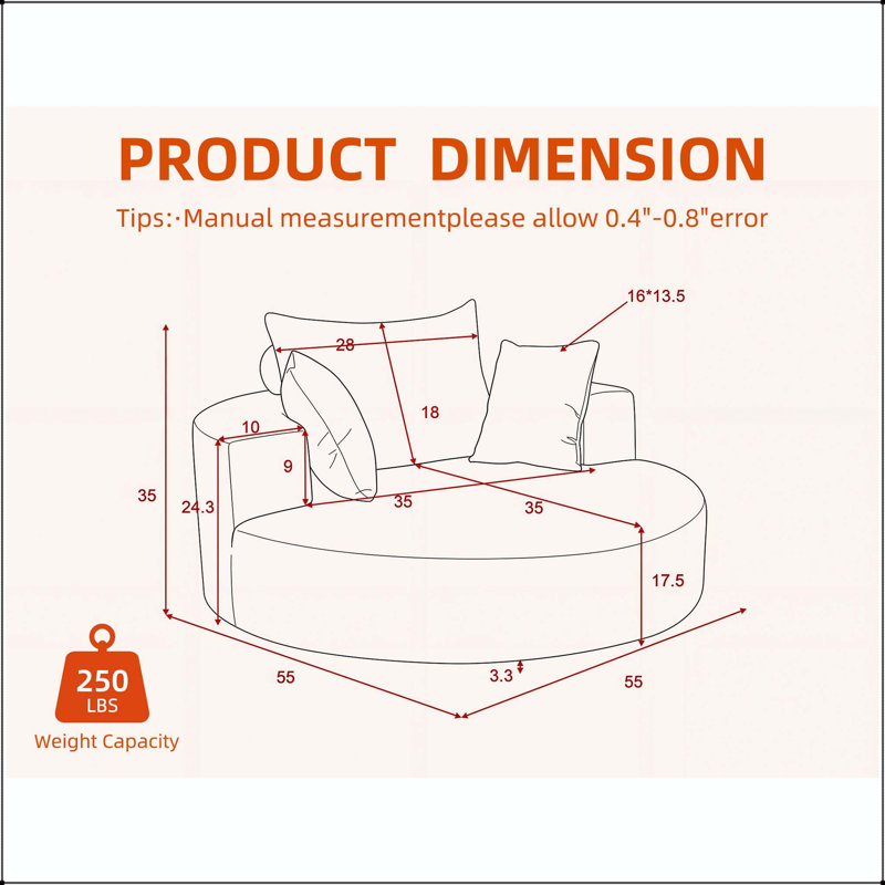 Fauteuil pivotant rond surdimensionné de 55 po avec rotation à 360 ° et mousse haute densité, Beige Linen