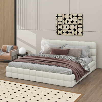 King-Scale Bed Frame, Padded Platform Bed With Headboard, Plush Berber Fleece, Contemporary Design