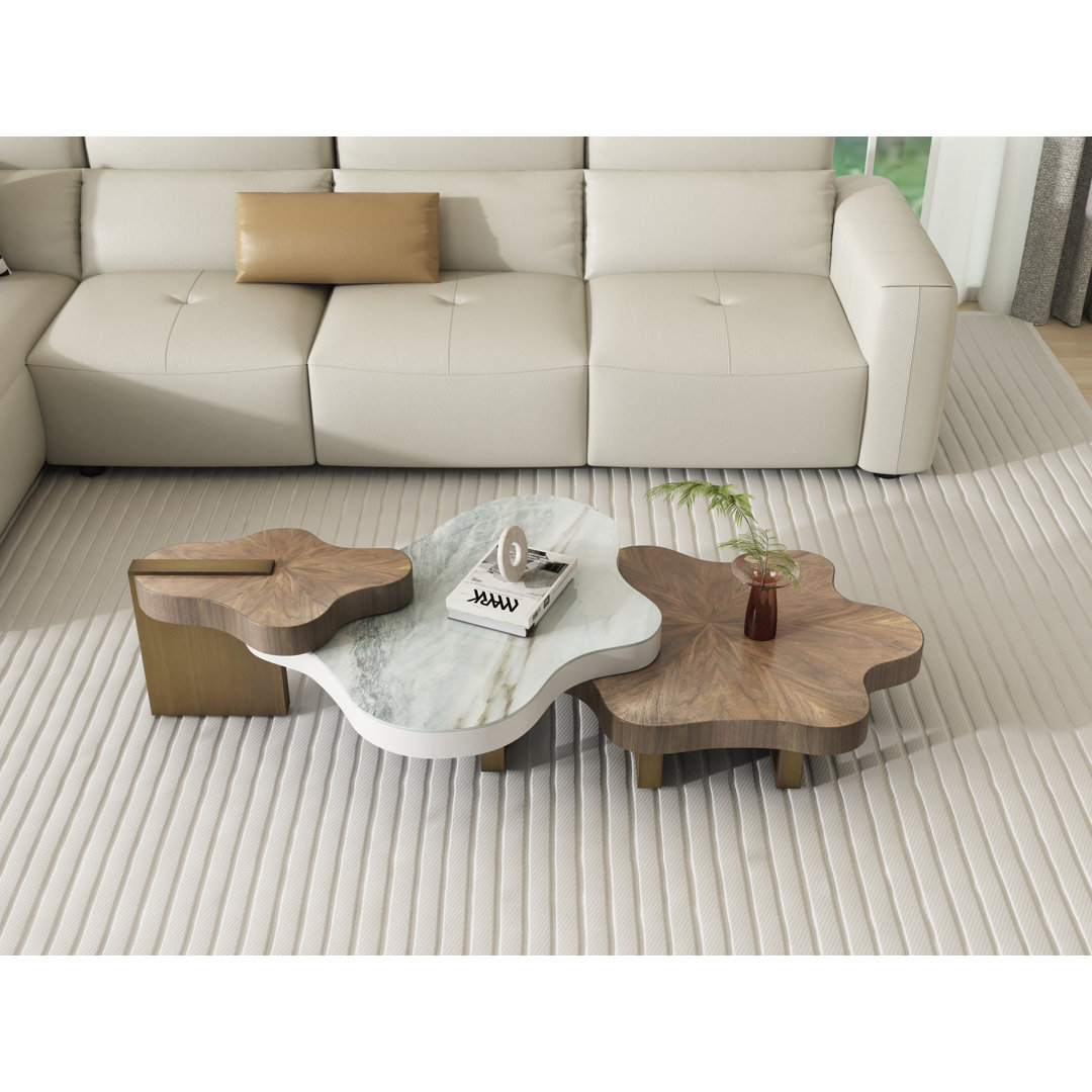 Modern 3-Piece Nesting Coffee Table Set - Mixed Brown Wood Grain & White Stone Top, Stainless Steel Base Orren Ellis