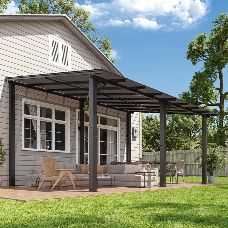 16'x 10' Premium Gazebo with Aluminum Top Frame & Polycarbonate Panel, Wall Mounted Gazebos Pergola