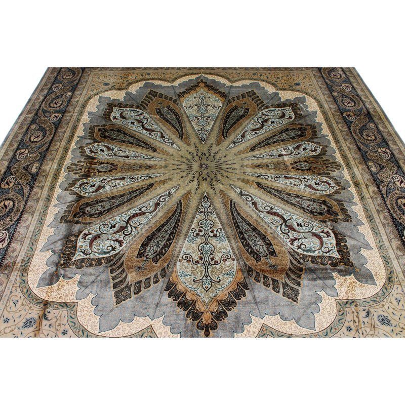 8x10 Light Green and Navy Turkish Silk Rug