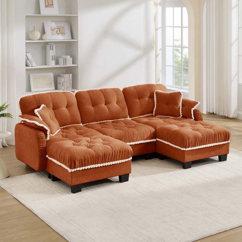 Canapé en chenille avec repose-pieds mobile et coussins capitonnés, L 100,7 po, Orange Chenille