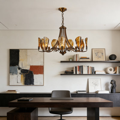 32.28" 9-Light Vintage American-Style Floral Chandelier With All-Copper Body And Tea-Colored Glass Shades
