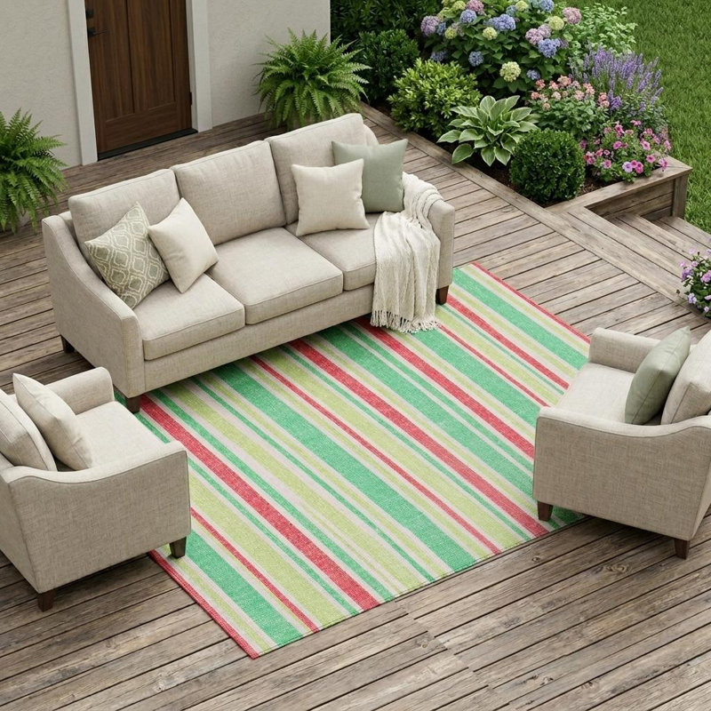 Tapis extérieur lavable antidérapant à rayures vertes 10 pi x 14 pi