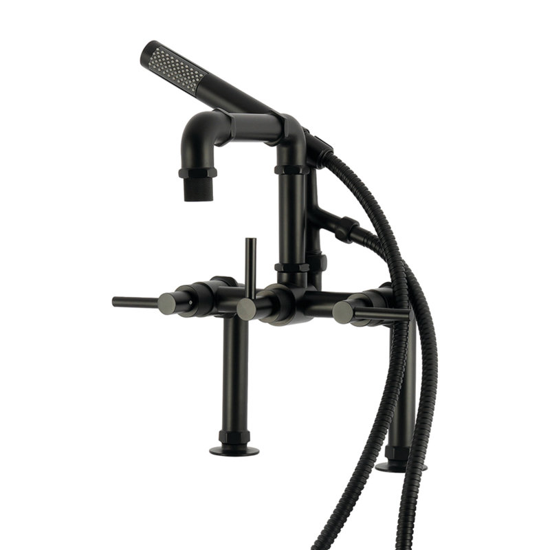 Kingston Concord Three-Handle 2-Hole Deck-Mount Clawfoot Tub Faucet With Hand Shower, Matte Black