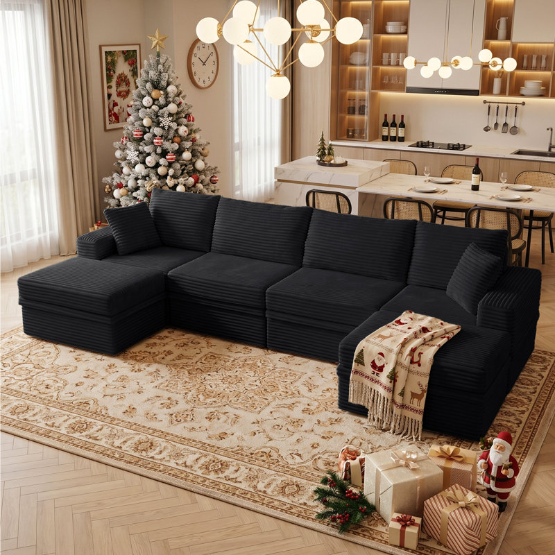 142"W U-Shaped Cloud Modular Sectional Sofa, Minimalist Corduroy Corner Sectional Couch, Extra Deep Seat with 2 Ottomans and Hidden Storage, Easy Mini Assembly, Ideal for Living Room
