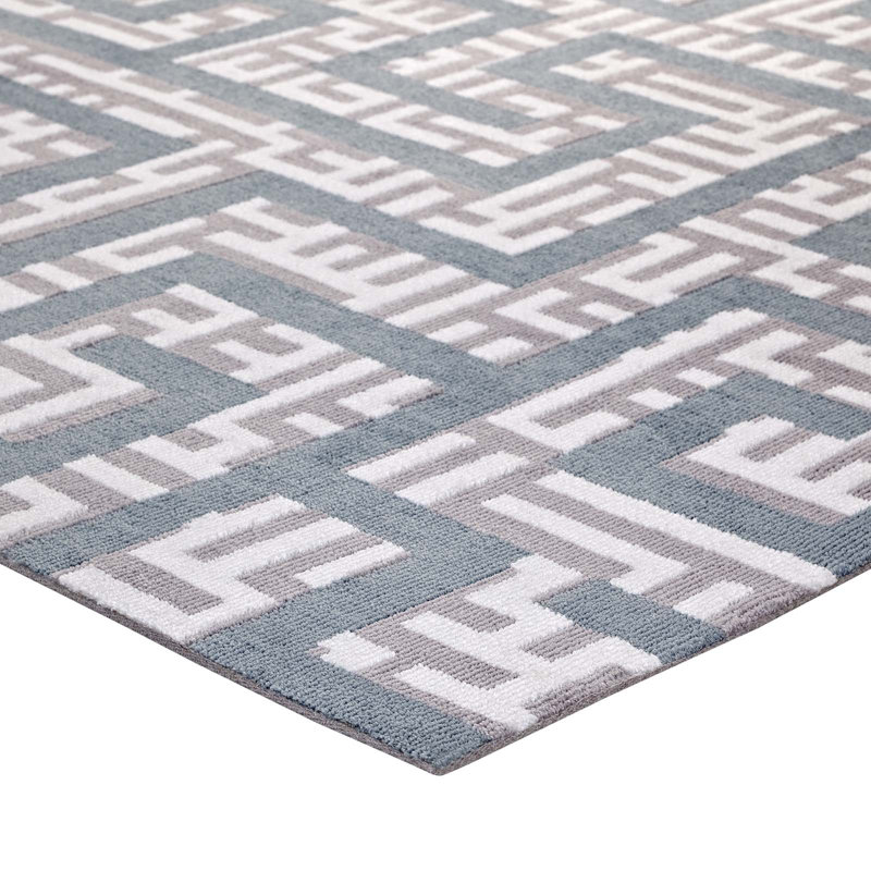 Ivory, Light Gray & Sky Blue Geometric Synthetic 8'x10' Area Rug
