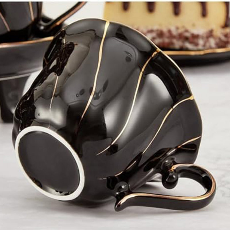 Luxury Black Porcelain Tea Set with Golden Trim, 14 Pieces