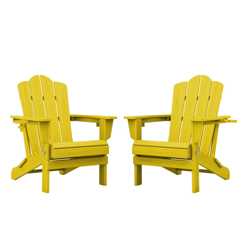Ayanda HDPE Folding Adirondack Chair With Dual Cup Holder(Set Of 2), Lemon Yellow