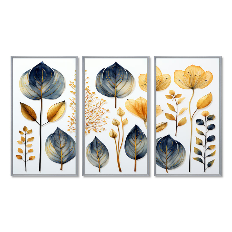 Nisa - Ensemble de décorations murales feuilles, Encadrement argenté, H 32 po x l 48 po x P 1 po