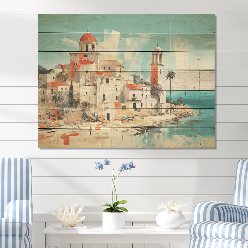 Impression de l'île grecque de Santorin I - Santorin sur bois, H 10 po x l 20 po