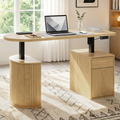 Bureau assis-debout réglable en hauteur (71-117 cm) avec vérin électrique et 3 positions mémorisables, bureau asymétrique avec armoire de rangement et tiroir.