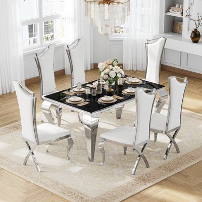Stylish Tempered Glass Dining Set, 0.39" Black Rectangular Tempered Glass Dining Table With 6 High Back PU Leather Chairs And Stainless Steel X-Shaped Legs