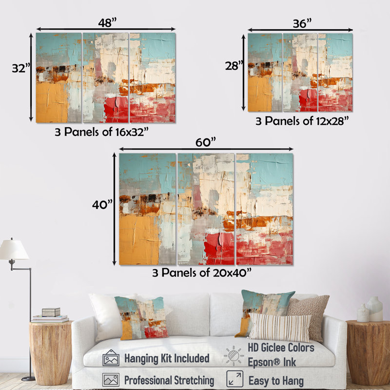 Nostalgie en bleu, rouge, orange, ensemble d'art mural abstrait, Toile tendue, H 40 po x l 60 po x P 1 po