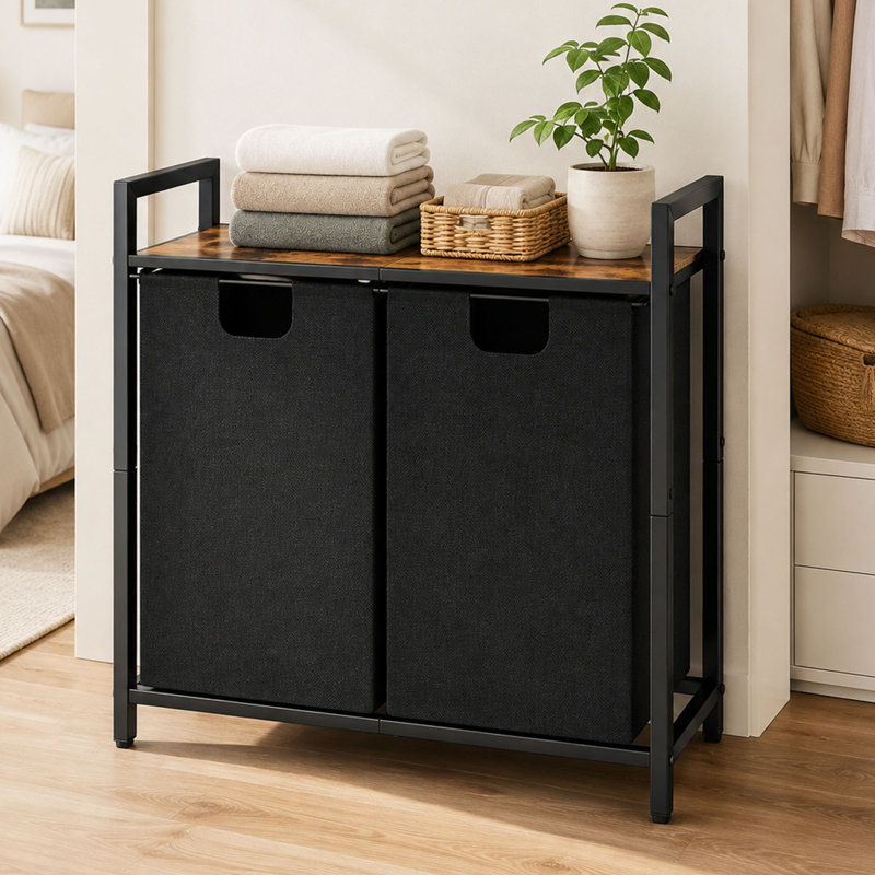 Rangement pour panier à linge, panier à linge en métal avec tablette et 2 sacs à linge amovibles