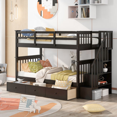 Lit superposé à escalier avec trois tiroirs pour chambre à coucher, dortoir