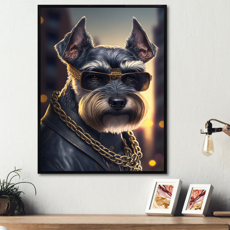 Schnauzer Gangster in NYC III - Impression sur toile, H 40 po x l 30 po x P 1,5 po, Toile avec cadre flottant noir