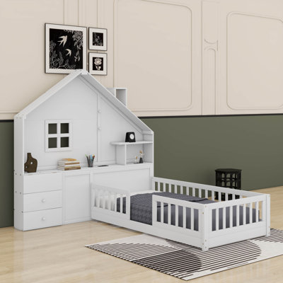 Lit maison avec fenêtre et tiroirs de chevet, lit plateforme avec tablettes, ensemble de prises et port USB