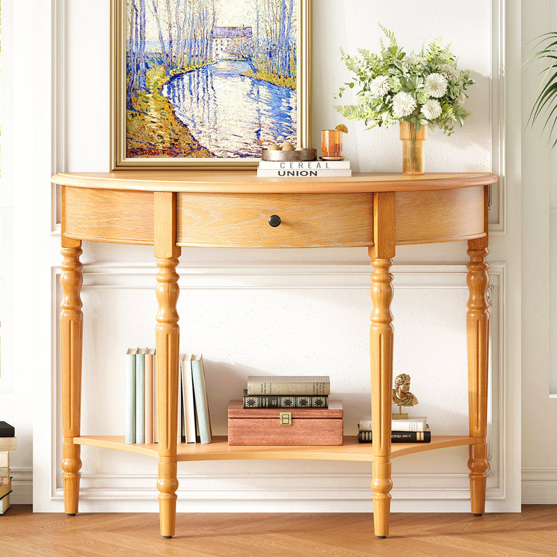 Console demi-lune avec tiroir et tablette - table d'appoint rustique, canapé, Naturel