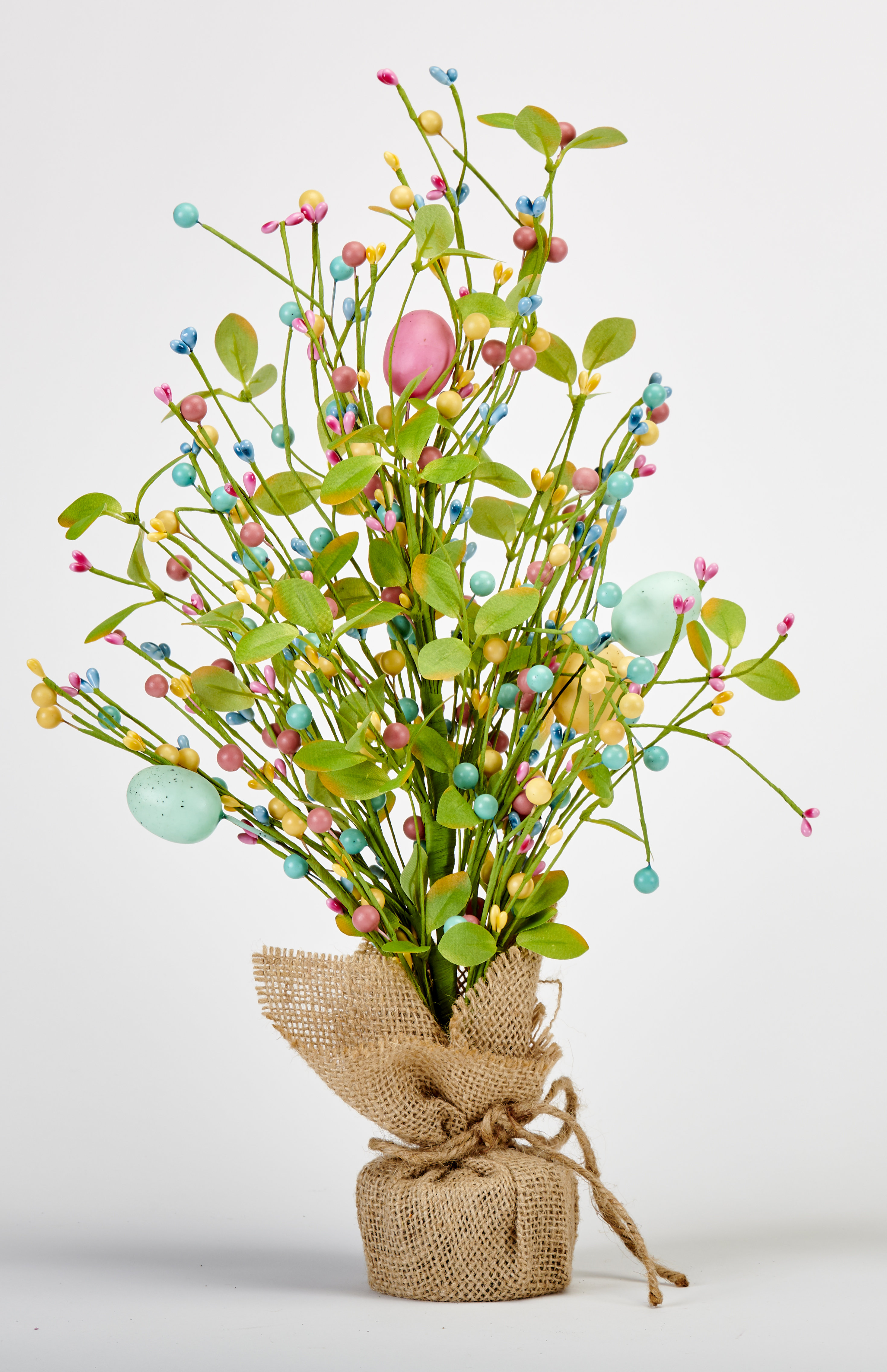 The Holiday Aisle® 18" Easter Eggs, Berries & Green Leaves Tree in Burlap Sack | Wayfair
