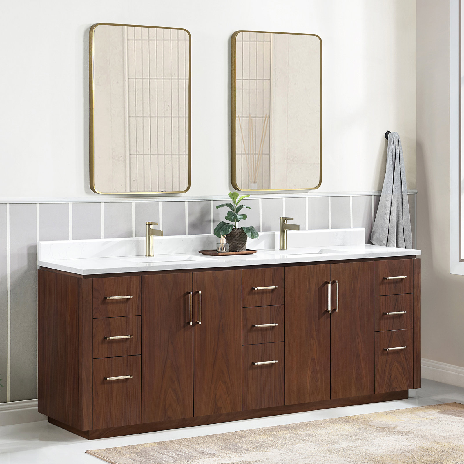 Cloverfield 84'' Double Bathroom Vanity, Natural Walnut, Gold