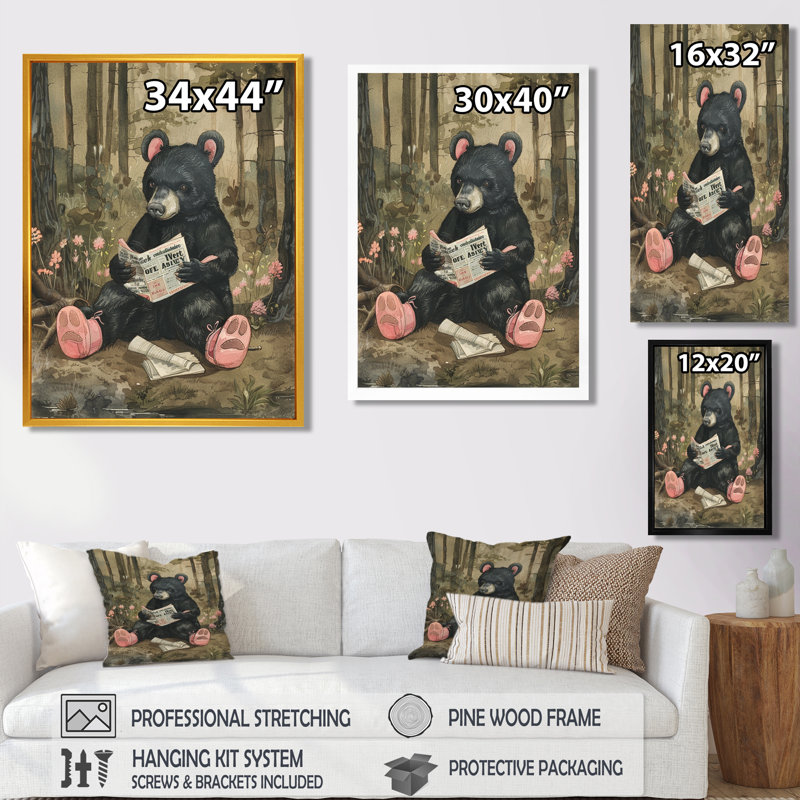Bear Reading Journal In Forest - Bear Wall Art Decor, 44" H x 34" W x 1.5" D, Wrapped Canvas