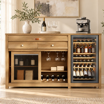 Extra Large Coffee Bar Cabinet With Fridge Space & Power Outlet, Mini Fridge Cabinet With Bar Tray & 2 Drawers & Sliding Door, Buffet Sideboard With Wine Rack & Glass Holder & Adjustable Shelves, Natural