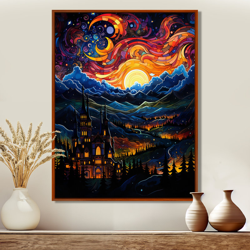«Burning Sunset Over Pittoresque Mountain Village», art mural abstrait, H 20 po x l 12 po, Cadre flottant brun, bois massif
