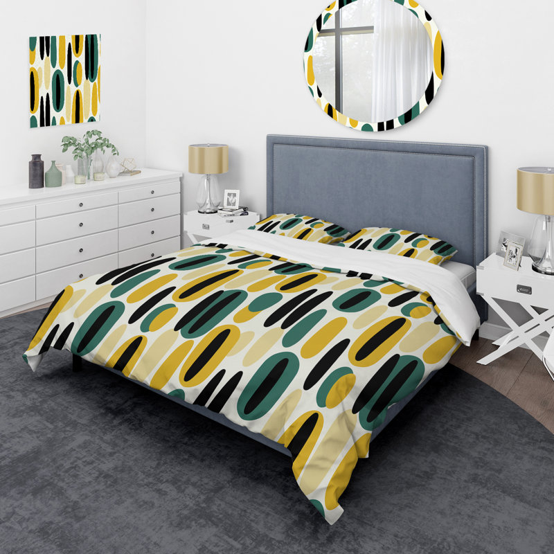 Ensemble de housse de couette jaune et vert à rayures ovales, Housse de couette pour très grand lit et 2 très