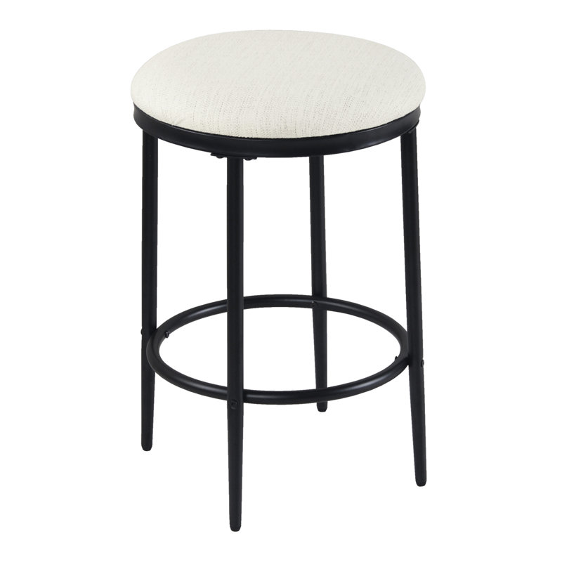 Ebern Designs Upholstered Metal Barstool, Stain-Resistant Cream Woven