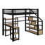 Lit mezzanine double en métal avec escalier, bureau et tablettes