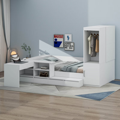 Full Size Platform Bed With 6 Storage Drawers, Wooden Daybed With Desk, Sheves And Wardrobe