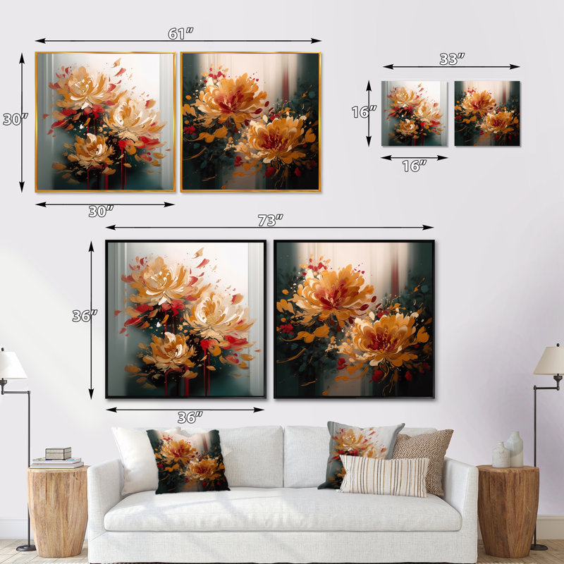 Ensemble de 2 fleurs dorées et rouges - collage carré floral, H 16 po x l 33 po, Cadre flottant brun