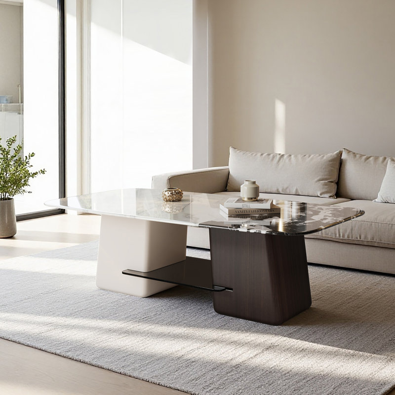 Table basse moderne 51,2 "avec plateau blanc et noir, table basse en faux marbre avec espace de rangement ouvert