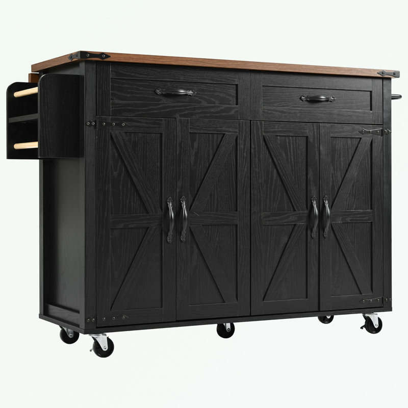 Farmhouse Kitchen Island with Power Outlet and Drop Leaf, Black